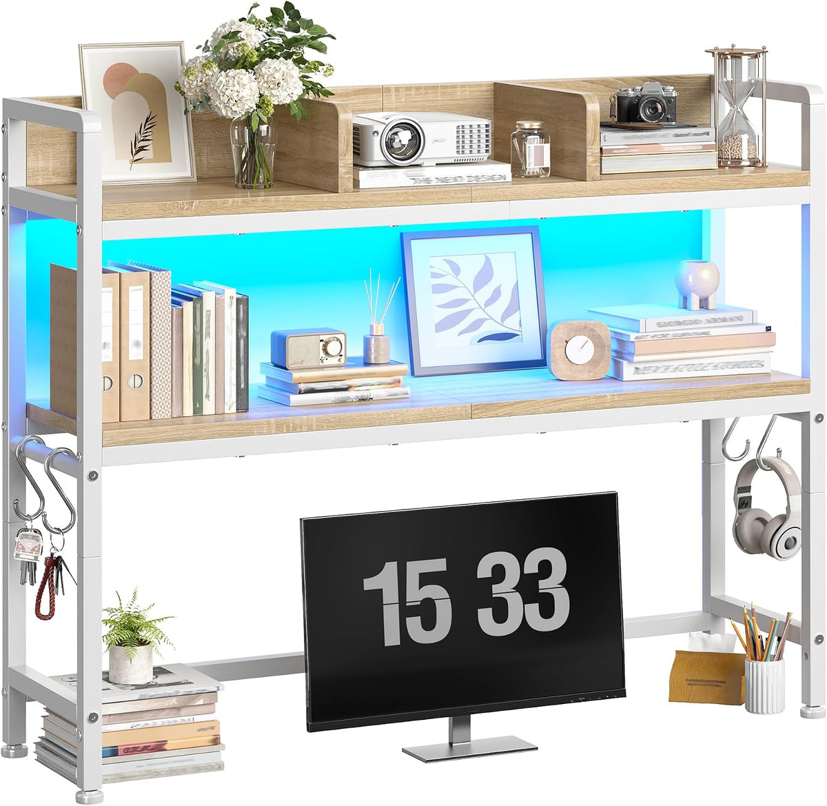 2-Tier Desk Shelf, LED, Bedroom and Home Office, Rustic Brown