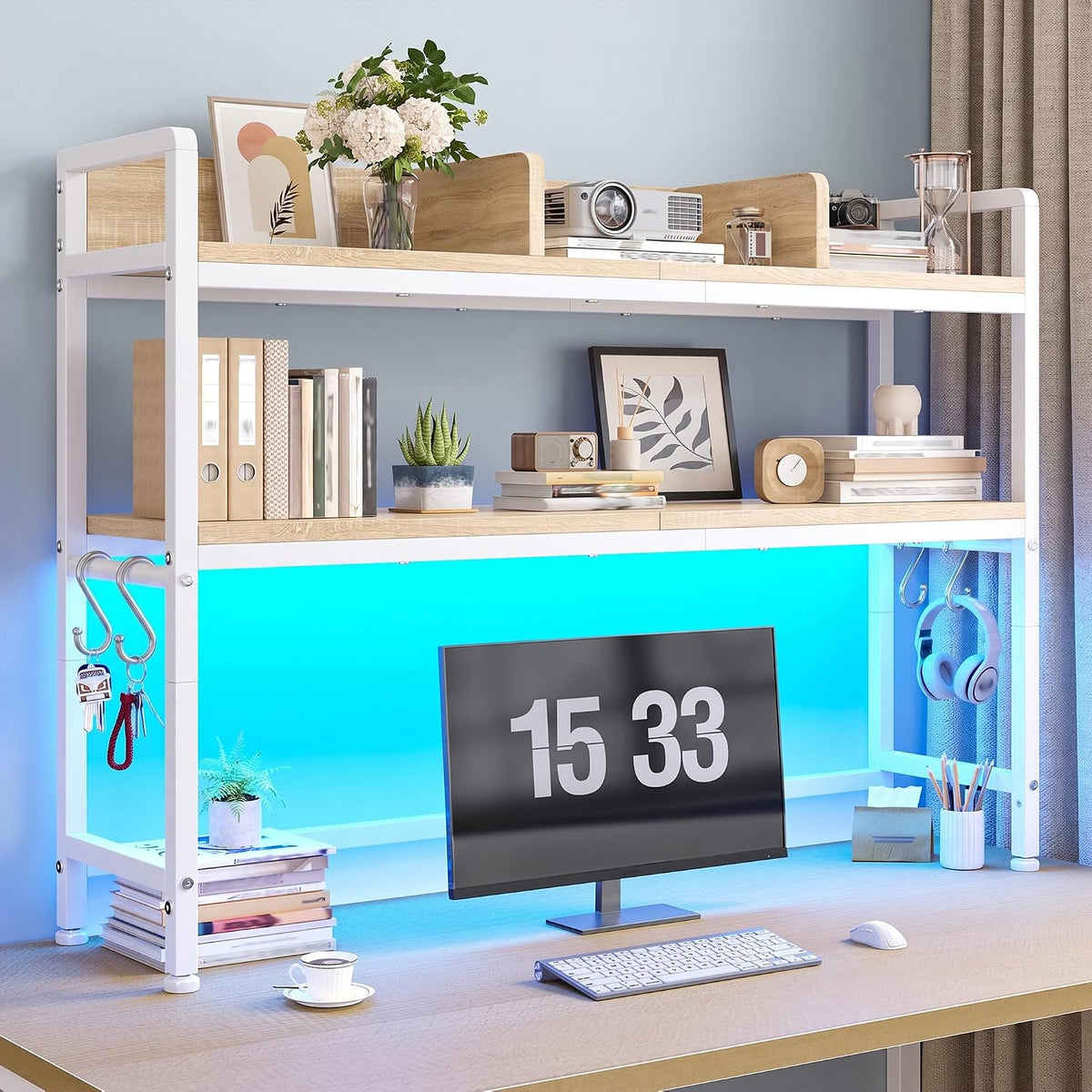 2-Tier Desk Shelf, LED, Bedroom and Home Office, Rustic Brown