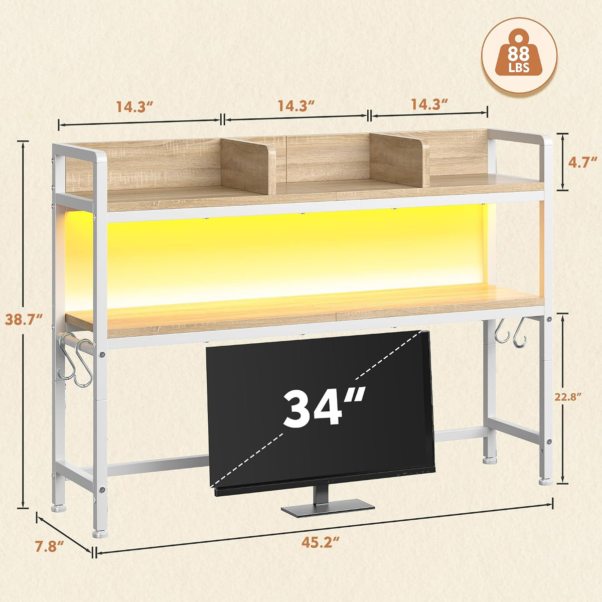 2-Tier Desk Shelf, LED, Bedroom and Home Office, Rustic Brown