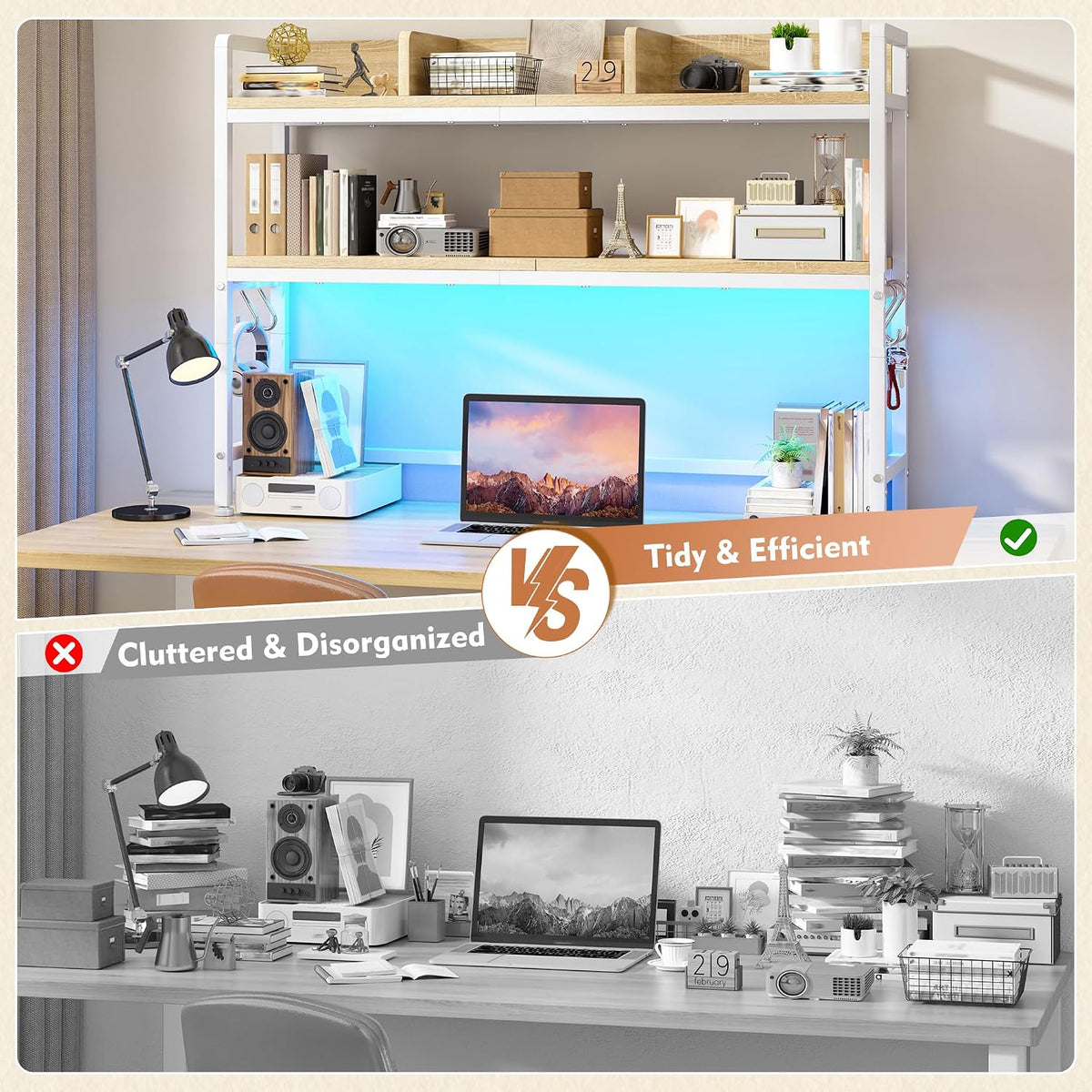 2-Tier Desk Shelf, LED, Bedroom and Home Office, Rustic Brown
