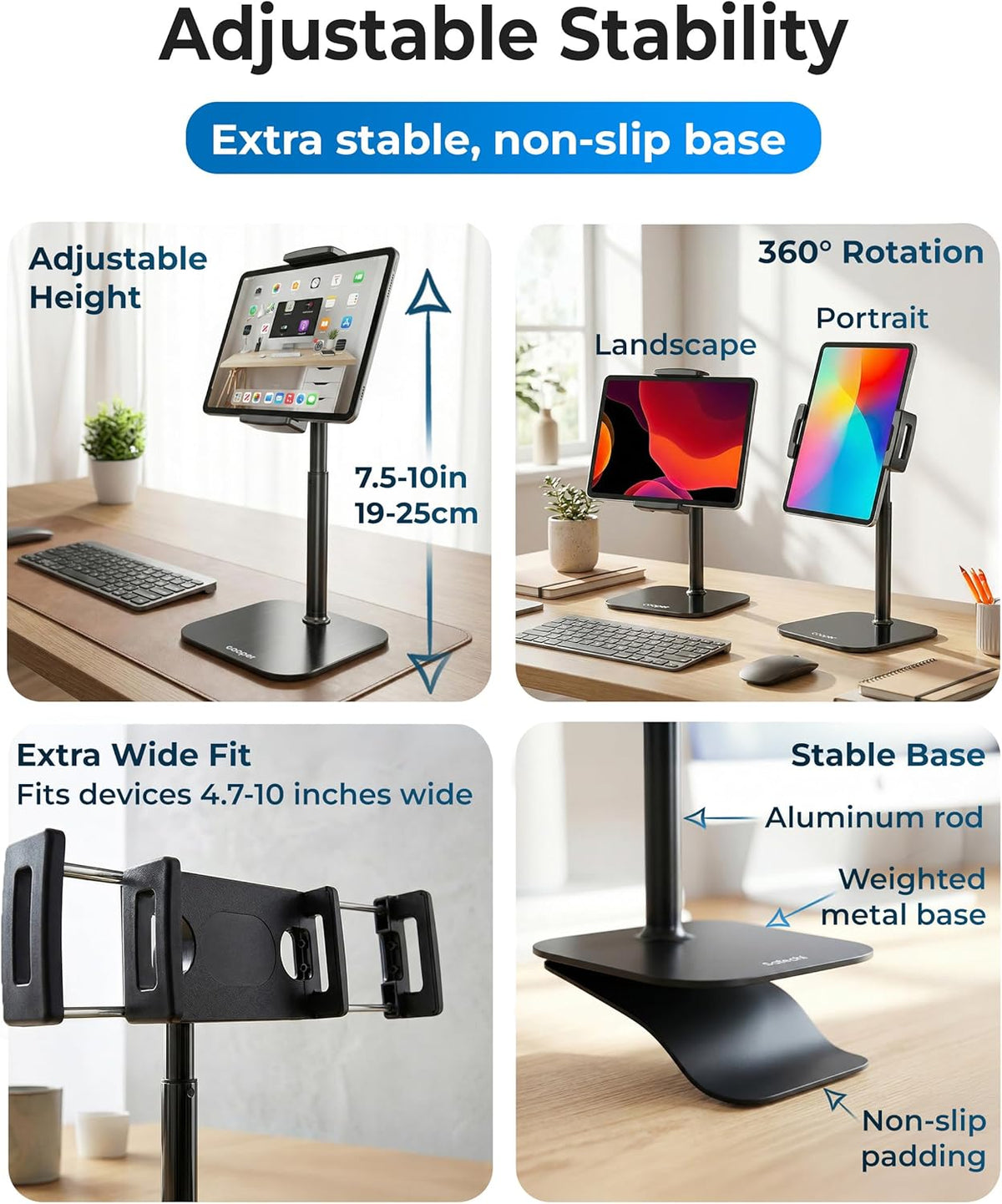 COOPER TabStand 20" Tall iPad Stand for Desk, Portable Monitor Stand Holder
