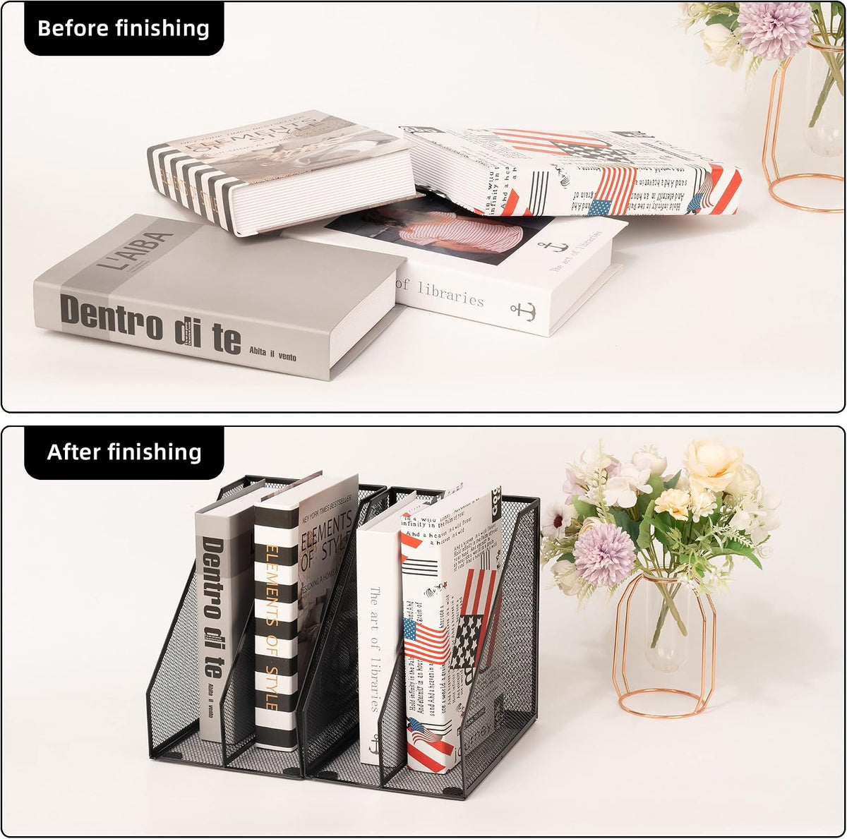2 Set Magazine Holder Metal Wire, 2 Compartments Mesh File Holder for Desk, Office Desk Accessories Decorative File Box, Black