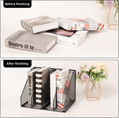 2 Set Magazine Holder Metal Wire, 2 Compartments Mesh File Holder for Desk, Office Desk Accessories Decorative File Box, Black