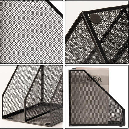 2 Set Magazine Holder Metal Wire, 2 Compartments Mesh File Holder for Desk, Office Desk Accessories Decorative File Box, Black