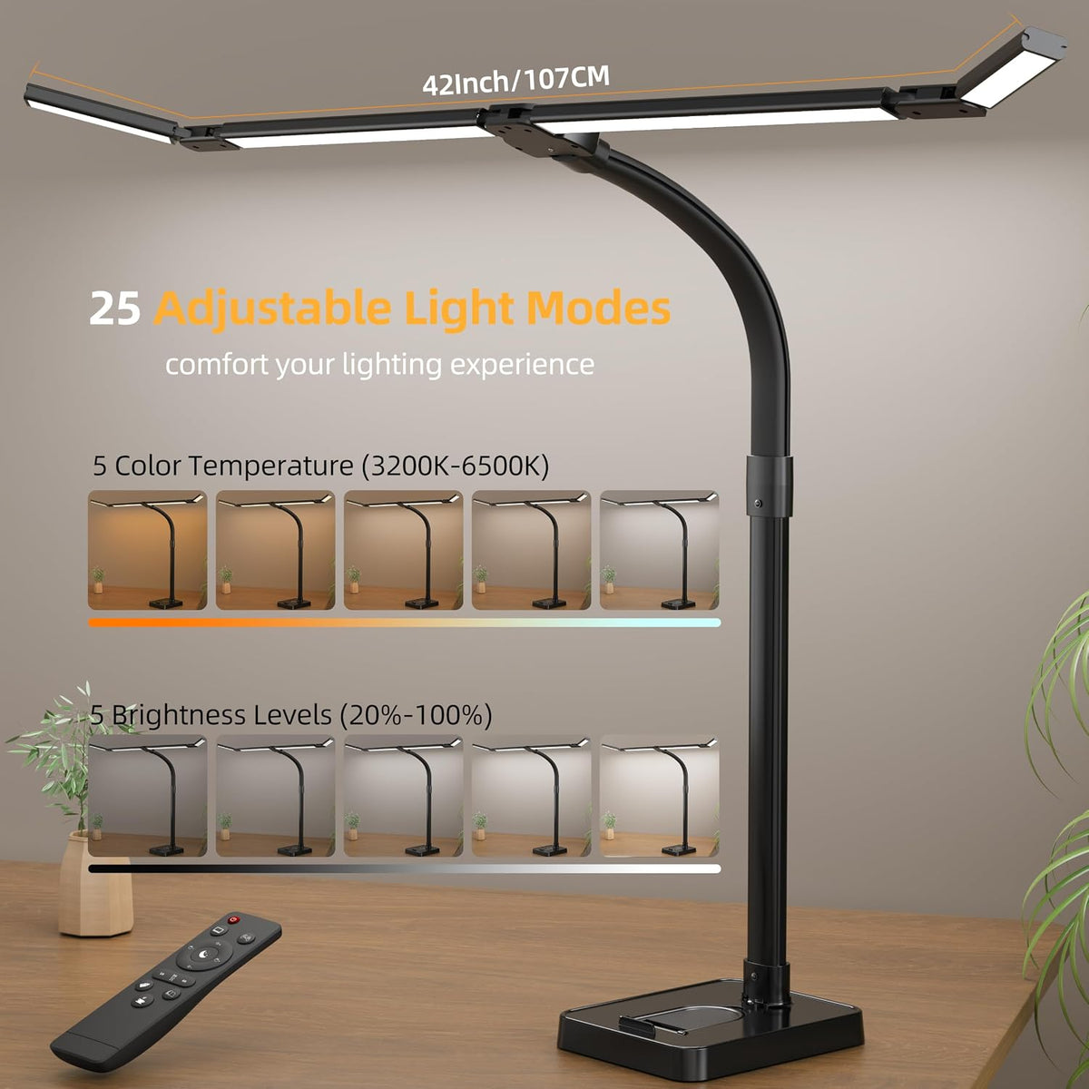 LED Desk Lamp for Home Office, Eye-Caring Desk Light with Remote,Adjustable Flexible Gooseneck,1800LMUltra Bright Table Lamp with Base for Study, Read (Black) (Plus)