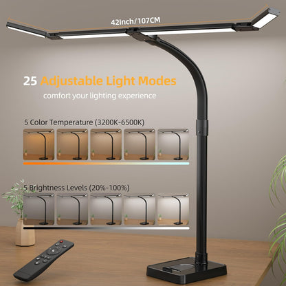 LED Desk Lamp for Home Office, Eye-Caring Desk Light with Remote,Adjustable Flexible Gooseneck,1800LMUltra Bright Table Lamp with Base for Study, Read (Black) (Plus)