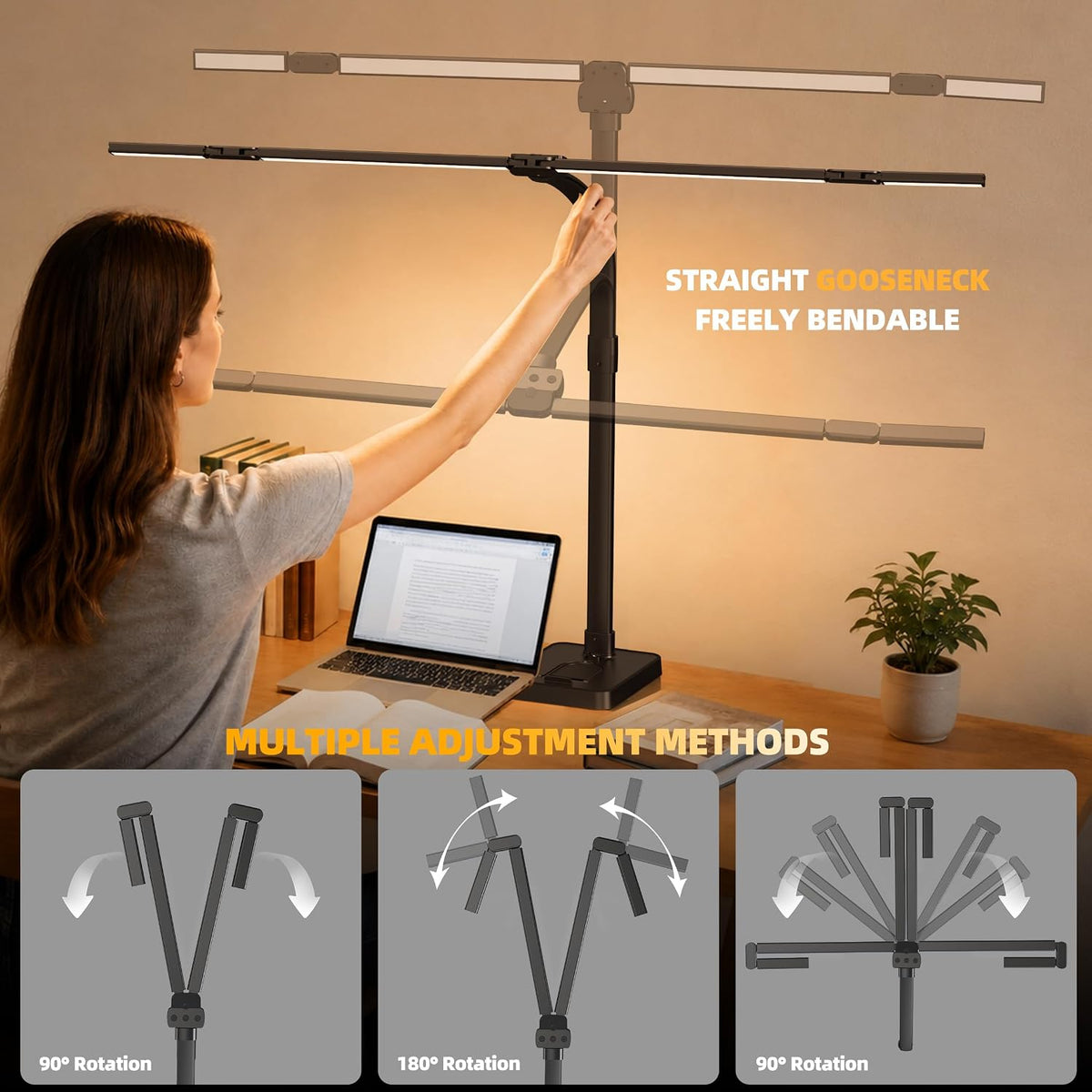 LED Desk Lamp for Home Office, Eye-Caring Desk Light with Remote,Adjustable Flexible Gooseneck,1800LMUltra Bright Table Lamp with Base for Study, Read (Black) (Plus)