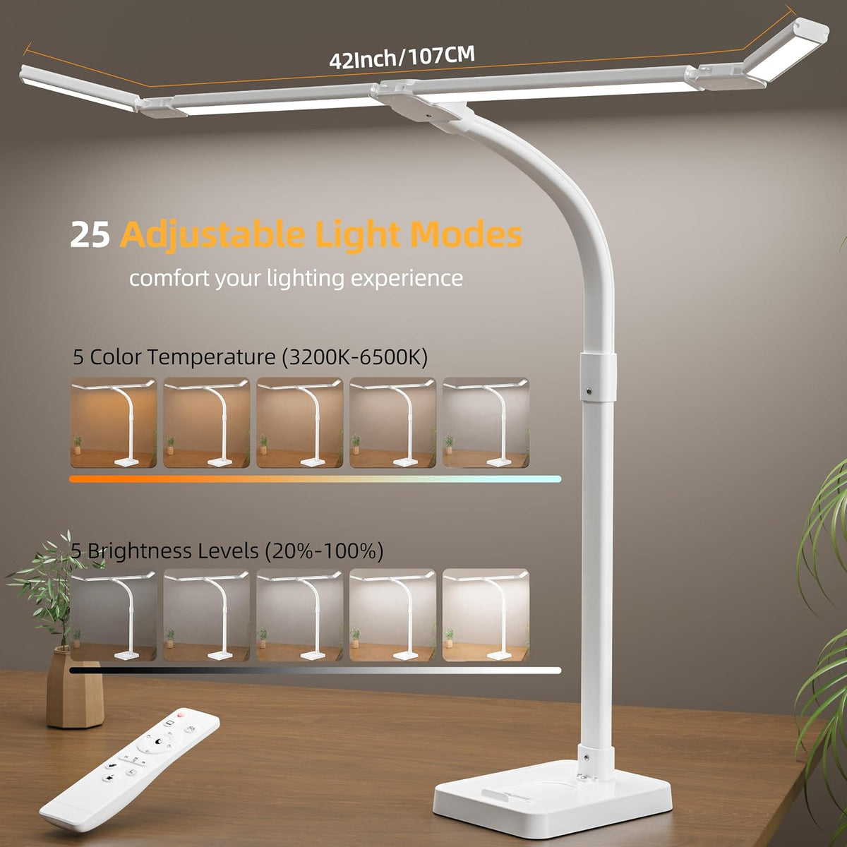 LED Desk Lamp for Home Office, Eye-Caring Desk Light with Remote,Adjustable Flexible Gooseneck,1800LMUltra Bright Table Lamp with Base for Study, Read (Black) (Plus)