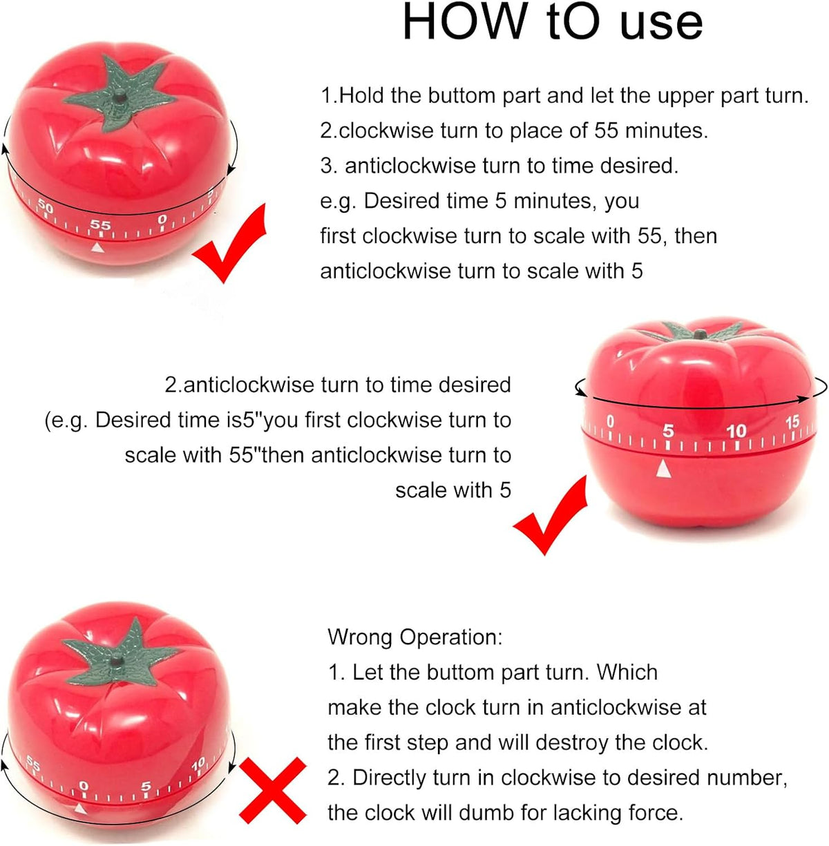 Manual Mechanical Tomato Timer -Ring Alarm Kitchen Timer for Cooking Study Gym Countdown Clock Red