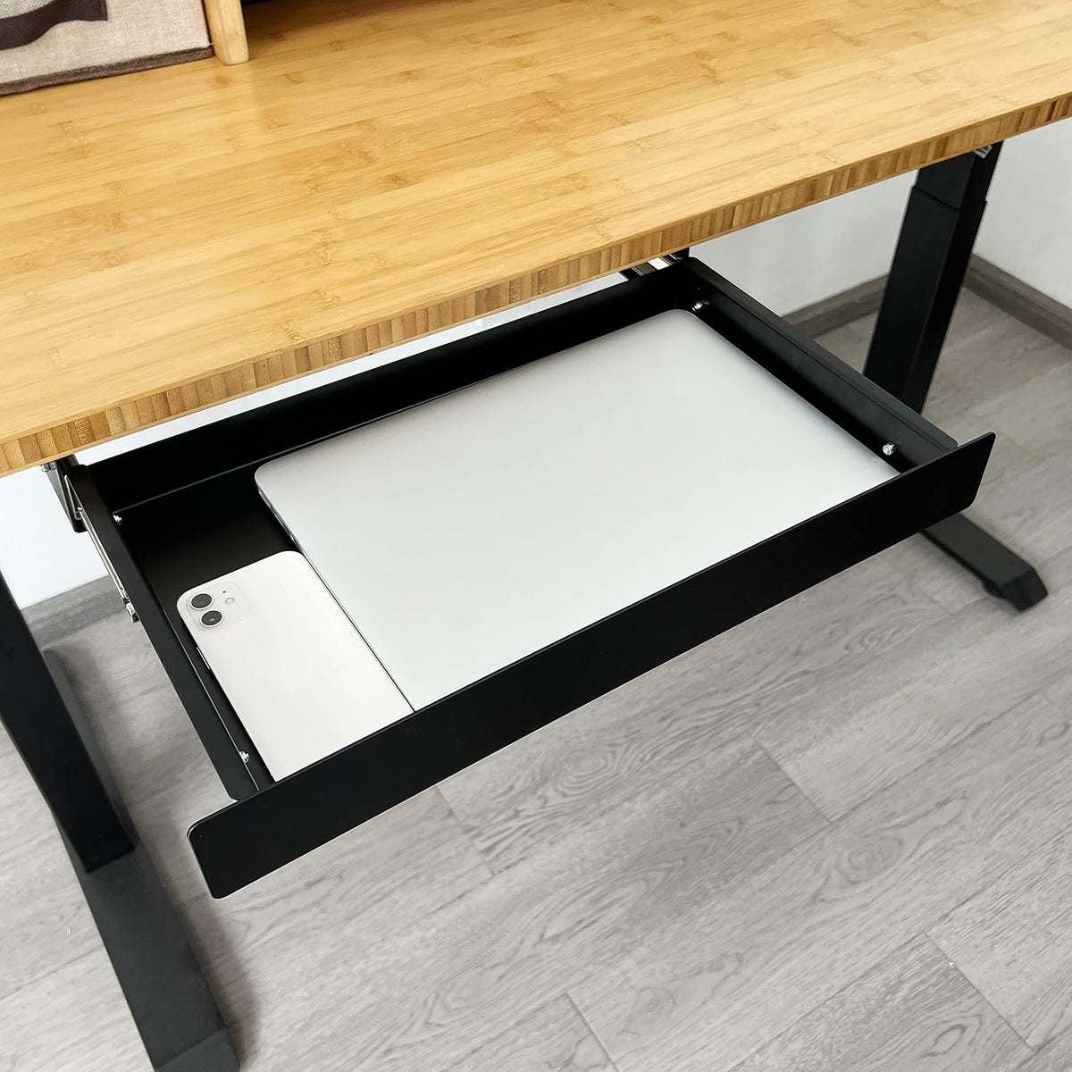 19 inch Slim Under Desk Pull-Out Storage Office Mounted Sliding Metal Drawer for Standing Desk,Black