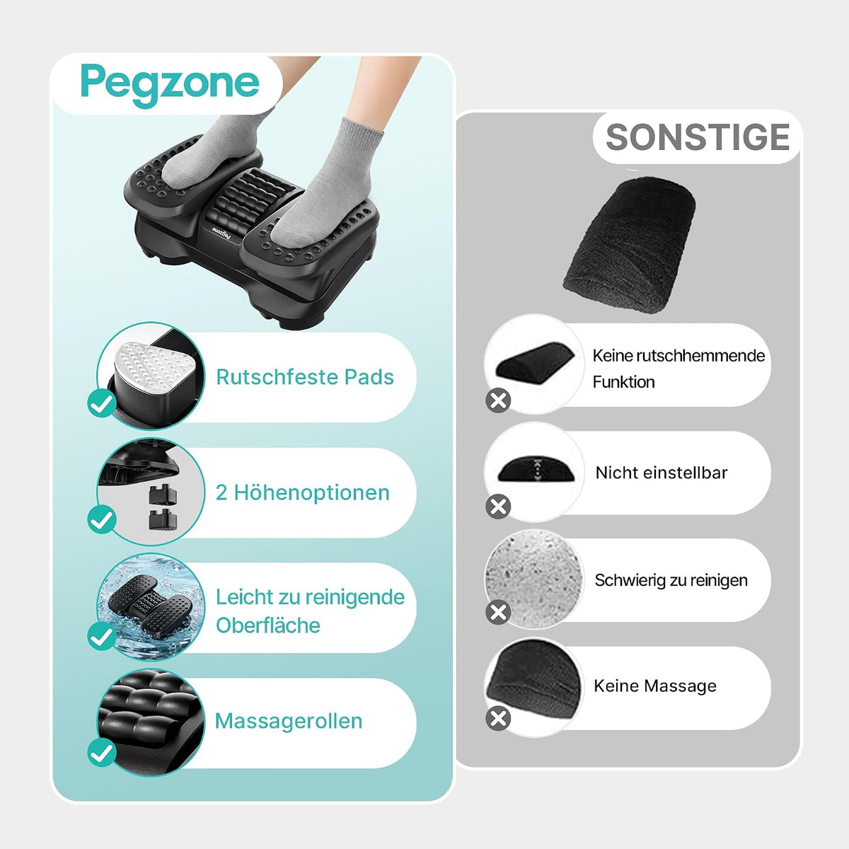Under Desk Foot Rest with Massage Texture and Roller, 2 Heights