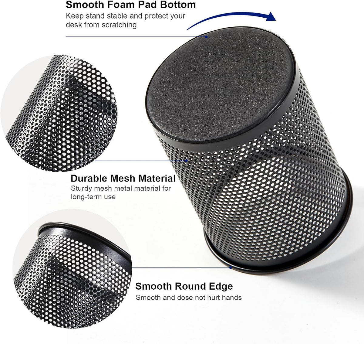 Pen Holder Desk Organizer, Wire Mesh Pencil Cup with Foam Pad and Non-Slip Bottom Office Supplies Desk Accessories for Home Office School, 1 Pack