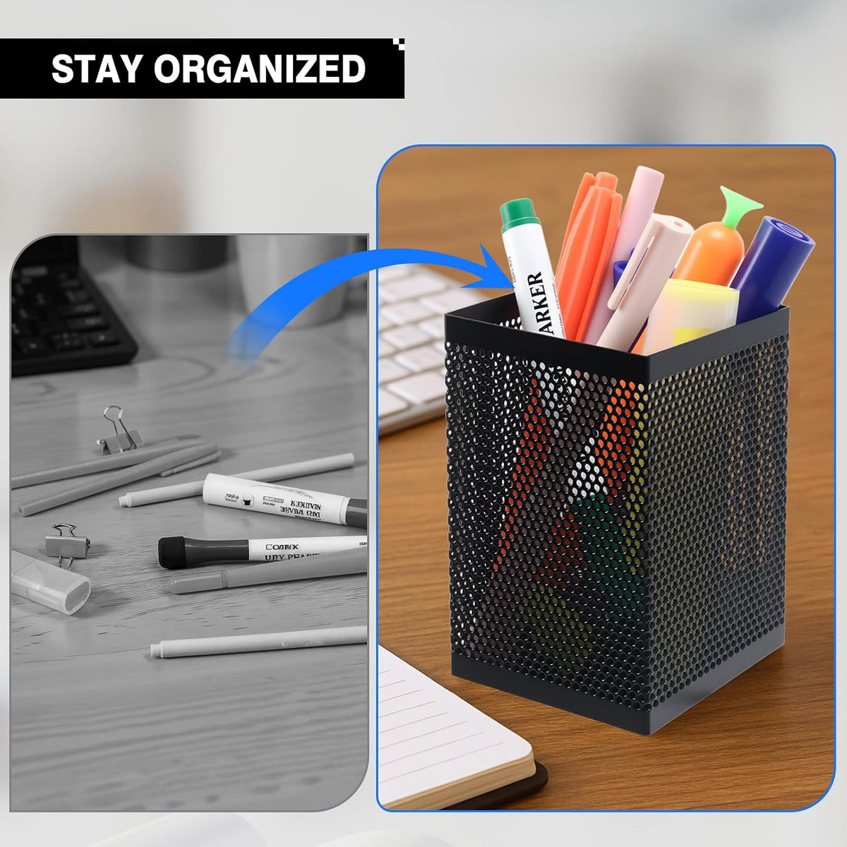 Pen Holder Desk Organizer, Wire Mesh Pencil Cup with Foam Pad and Non-Slip Bottom Office Supplies Desk Accessories for Home Office School, 1 Pack