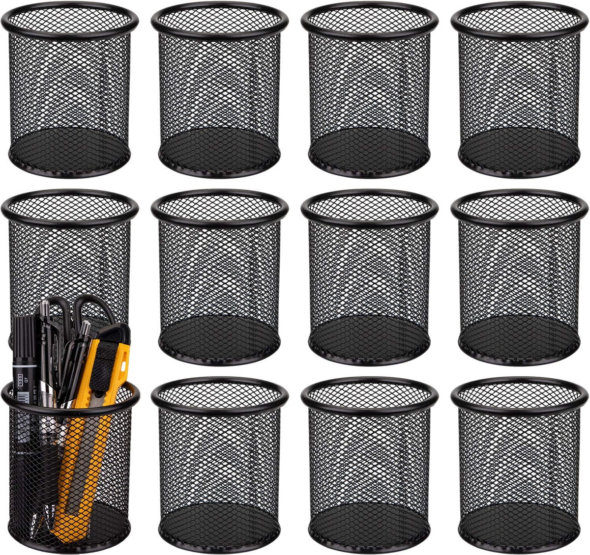 12 Pack Metal Pen Holder Wire Mesh Pen Cup Pencil Holder Pencil Cup for Desk Office Pen Organizer, Black