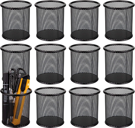 12 Pack Metal Pen Holder Wire Mesh Pen Cup Pencil Holder Pencil Cup for Desk Office Pen Organizer, Black