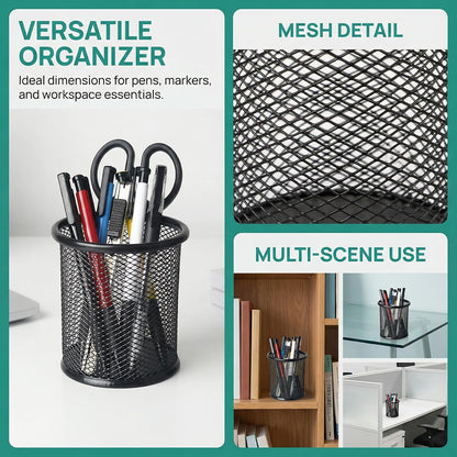 12 Pack Metal Pen Holder Wire Mesh Pen Cup Pencil Holder Pencil Cup for Desk Office Pen Organizer, Black