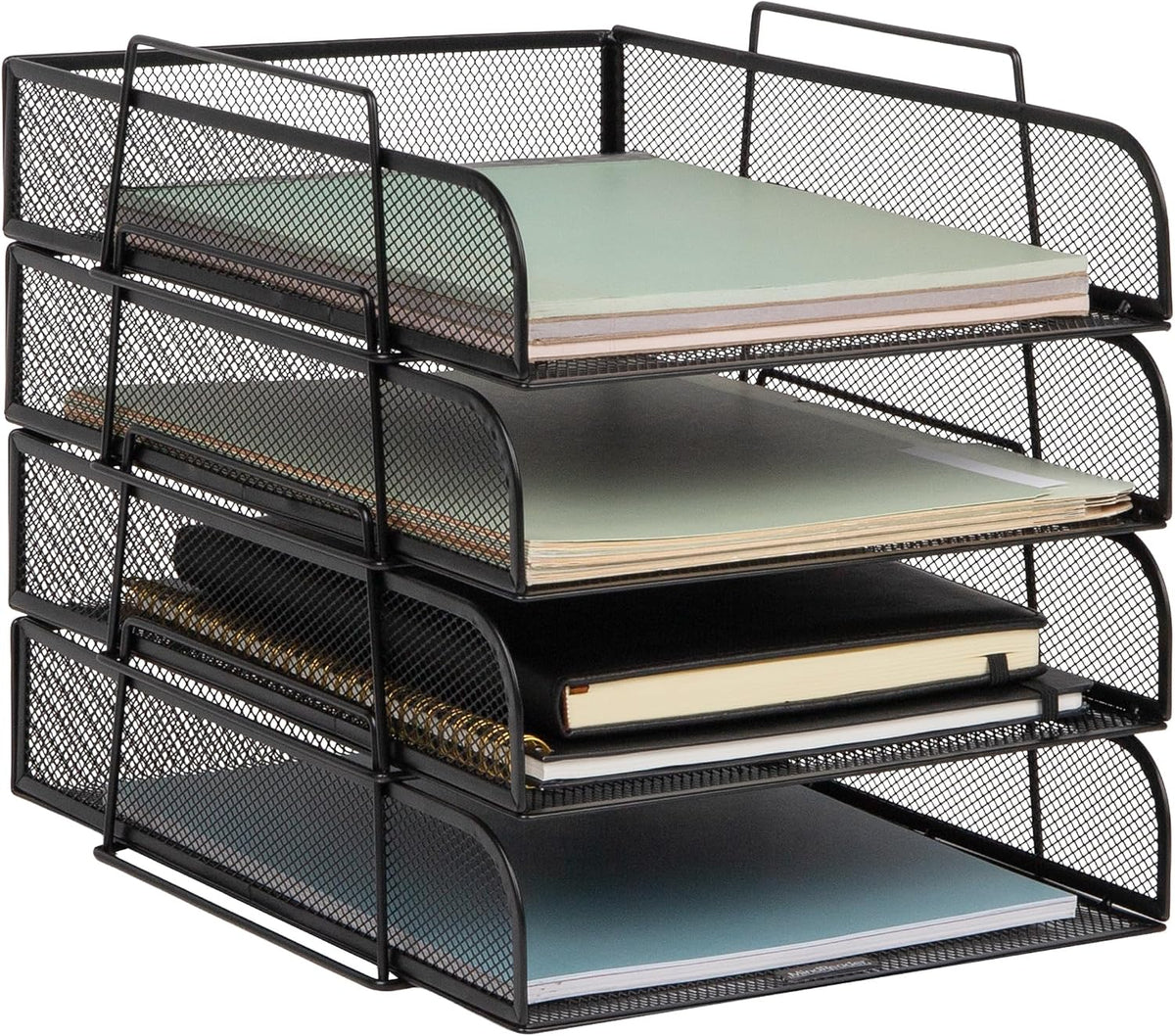Stackable Paper Tray, Desktop Organizer, File Storage, Office, Metal Mesh, 10.5" L x 13.5" W x 11.25" H, 4 Pcs., Black