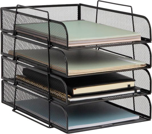 Stackable Paper Tray, Desktop Organizer, File Storage, Office, Metal Mesh, 10.5" L x 13.5" W x 11.25" H, 4 Pcs., Black