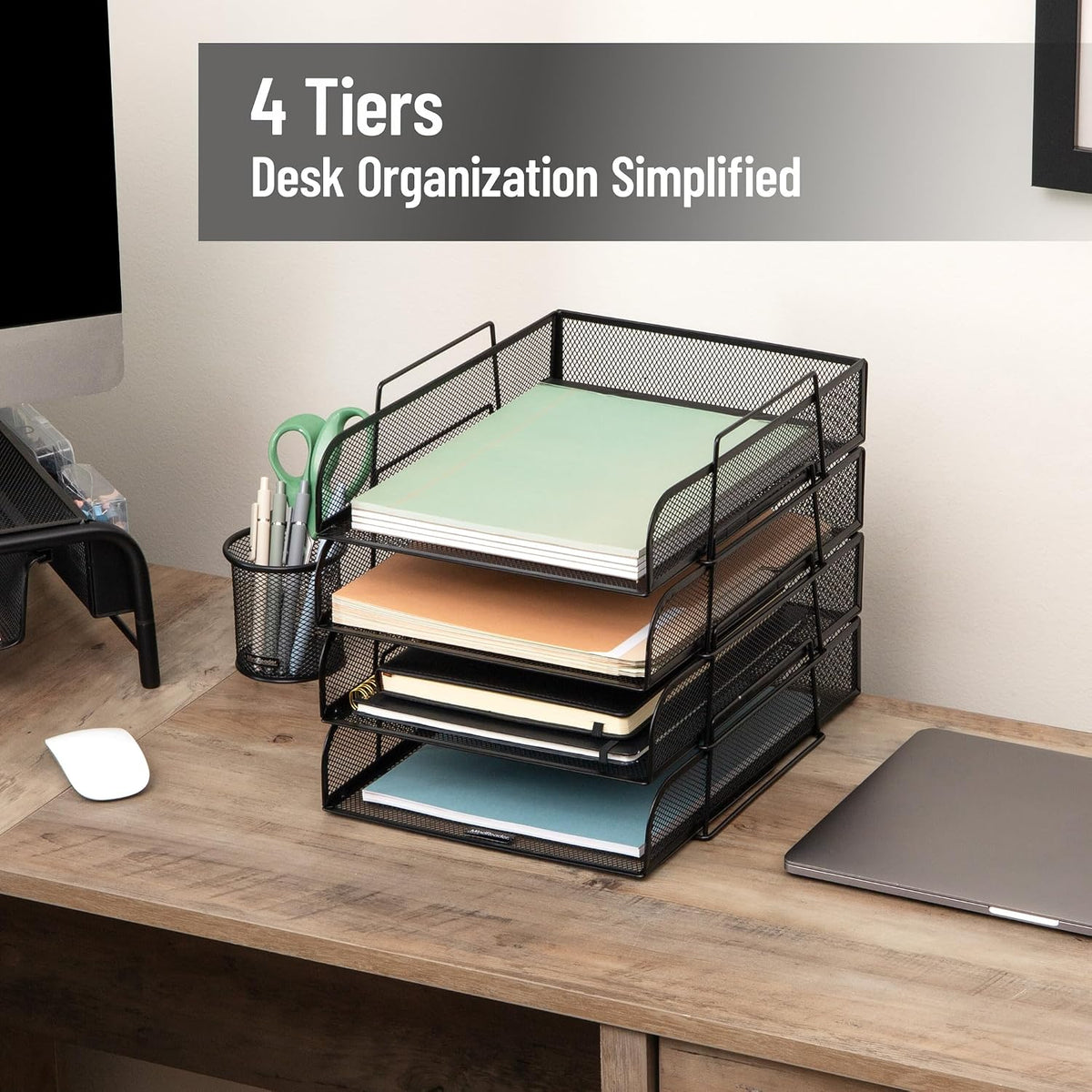 Stackable Paper Tray, Desktop Organizer, File Storage, Office, Metal Mesh, 10.5" L x 13.5" W x 11.25" H, 4 Pcs., Black