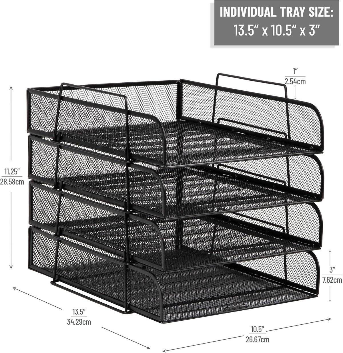 Stackable Paper Tray, Desktop Organizer, File Storage, Office, Metal Mesh, 10.5" L x 13.5" W x 11.25" H, 4 Pcs., Black