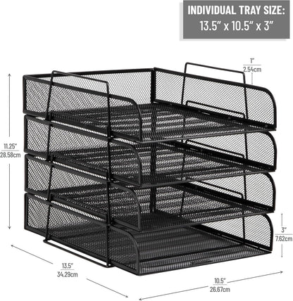 Stackable Paper Tray, Desktop Organizer, File Storage, Office, Metal Mesh, 10.5" L x 13.5" W x 11.25" H, 4 Pcs., Black