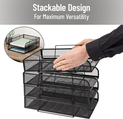 Stackable Paper Tray, Desktop Organizer, File Storage, Office, Metal Mesh, 10.5" L x 13.5" W x 11.25" H, 4 Pcs., Black