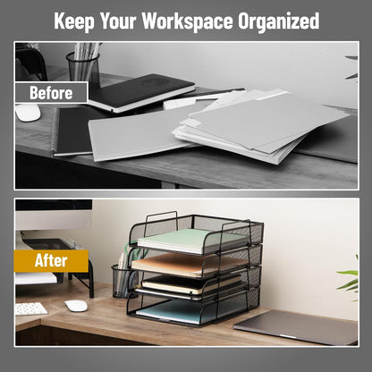 Stackable Paper Tray, Desktop Organizer, File Storage, Office, Metal Mesh, 10.5" L x 13.5" W x 11.25" H, 4 Pcs., Black