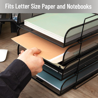 Stackable Paper Tray, Desktop Organizer, File Storage, Office, Metal Mesh, 10.5" L x 13.5" W x 11.25" H, 4 Pcs., Black