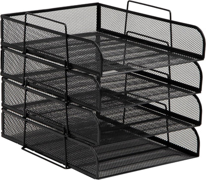 Stackable Paper Tray, Desktop Organizer, File Storage, Office, Metal Mesh, 10.5" L x 13.5" W x 11.25" H, 4 Pcs., Black