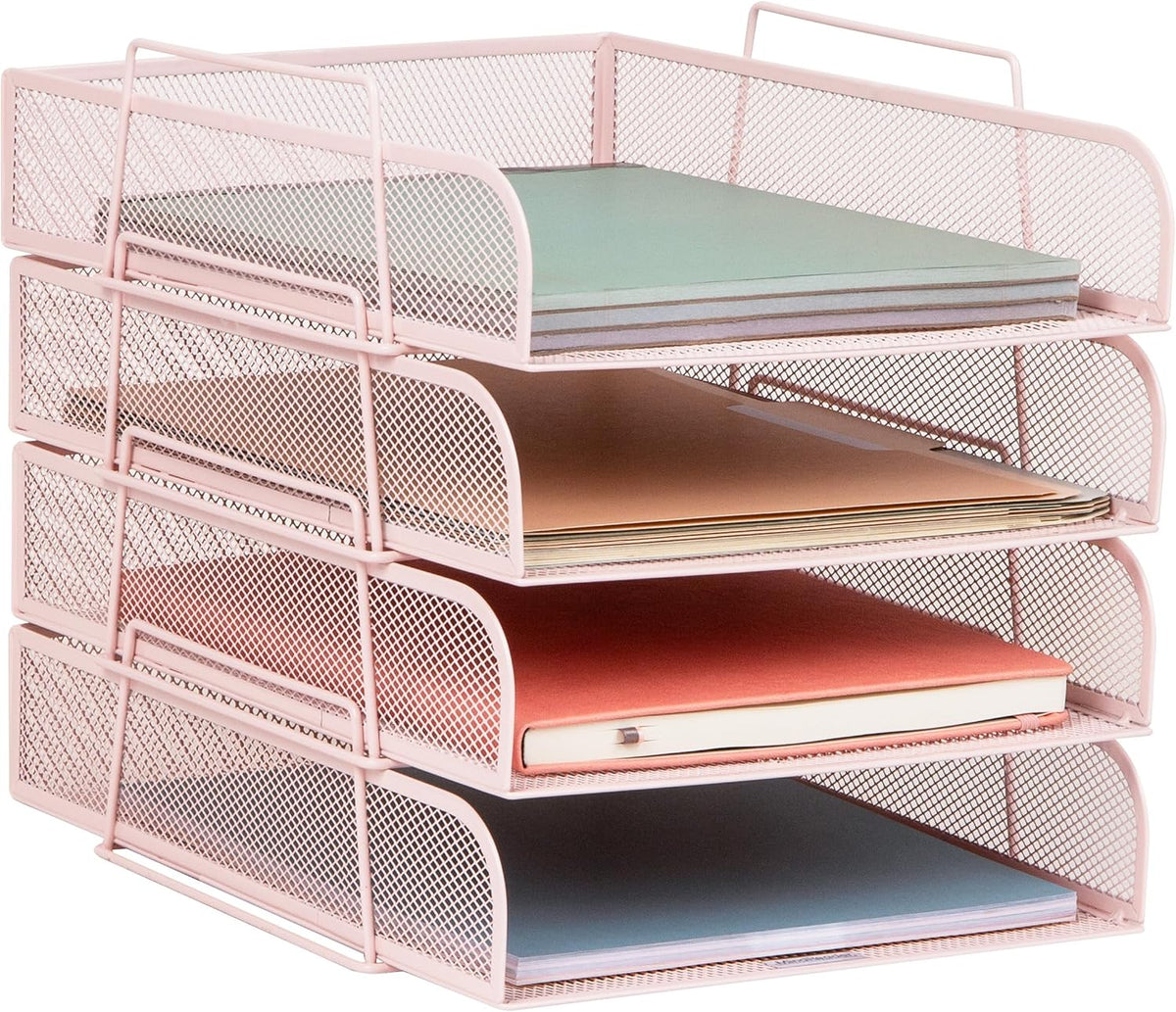 Stackable Paper Tray, Desktop Organizer, File Storage, Office, Metal Mesh, 10.5" L x 13.5" W x 11.25" H, 4 Pcs., Black