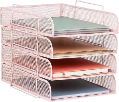 Stackable Paper Tray, Desktop Organizer, File Storage, Office, Metal Mesh, 10.5" L x 13.5" W x 11.25" H, 4 Pcs., Black