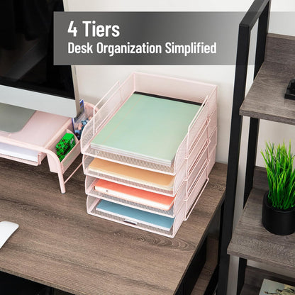 Stackable Paper Tray, Desktop Organizer, File Storage, Office, Metal Mesh, 10.5" L x 13.5" W x 11.25" H, 4 Pcs., Black