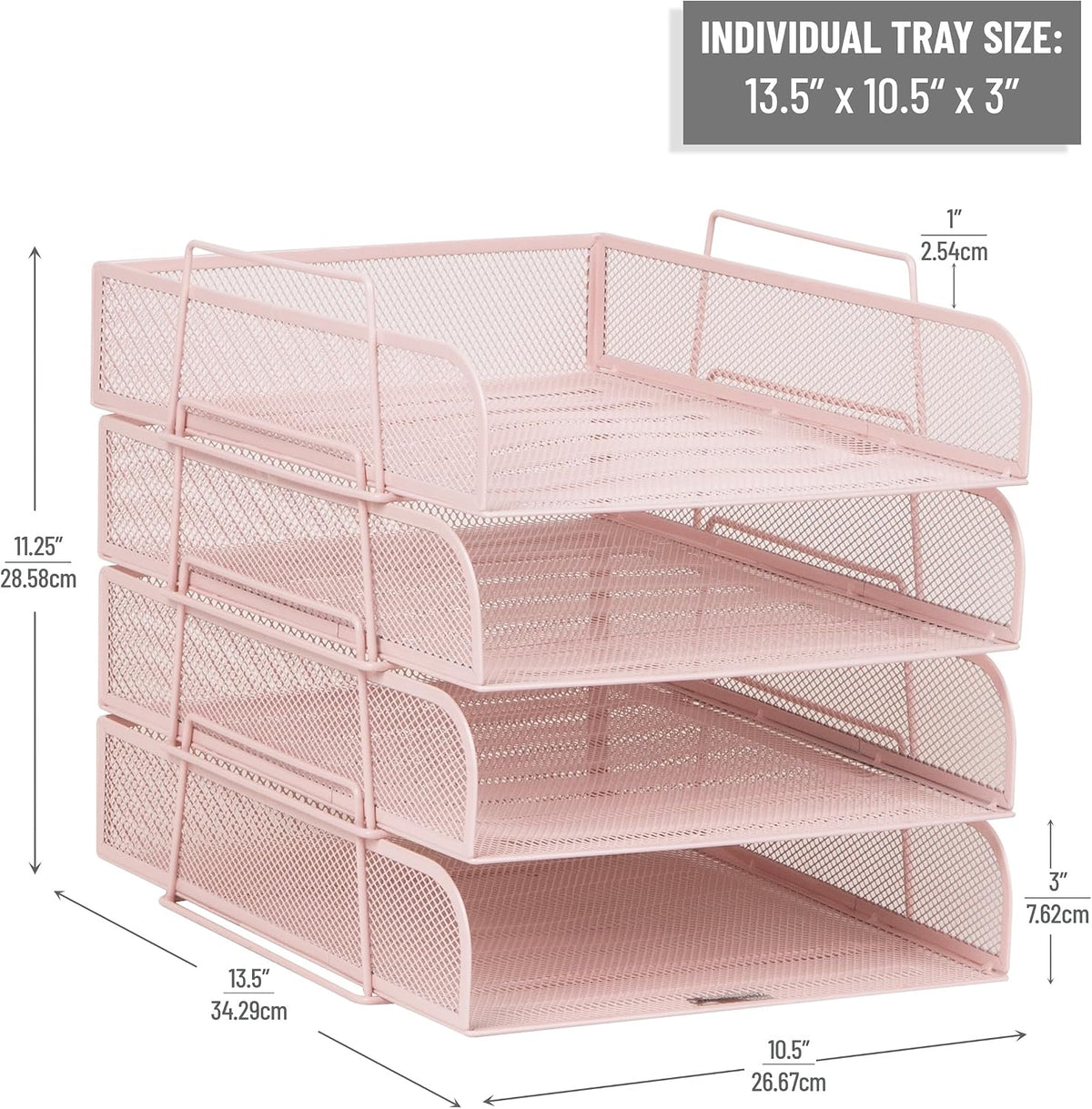 Stackable Paper Tray, Desktop Organizer, File Storage, Office, Metal Mesh, 10.5" L x 13.5" W x 11.25" H, 4 Pcs., Black