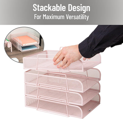 Stackable Paper Tray, Desktop Organizer, File Storage, Office, Metal Mesh, 10.5" L x 13.5" W x 11.25" H, 4 Pcs., Black