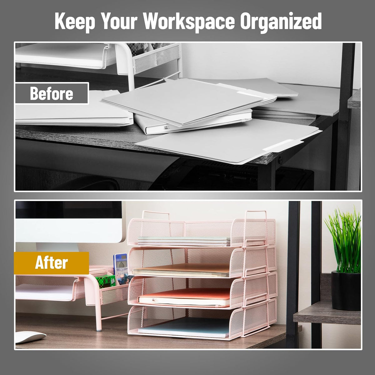 Stackable Paper Tray, Desktop Organizer, File Storage, Office, Metal Mesh, 10.5" L x 13.5" W x 11.25" H, 4 Pcs., Black