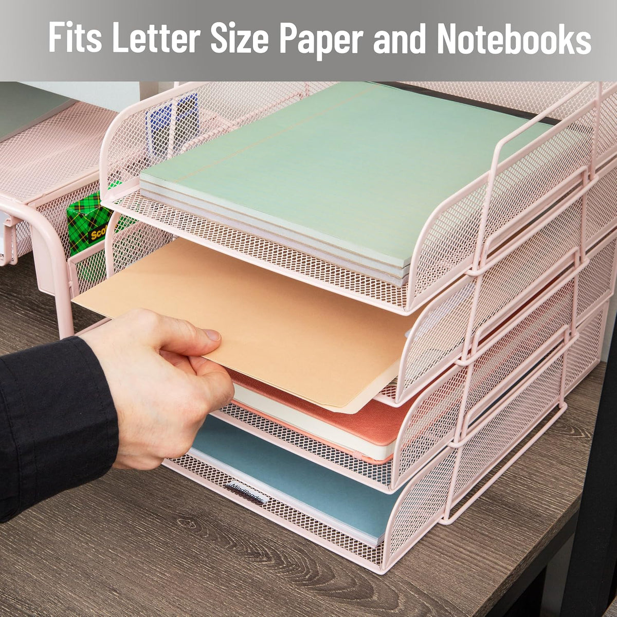 Stackable Paper Tray, Desktop Organizer, File Storage, Office, Metal Mesh, 10.5" L x 13.5" W x 11.25" H, 4 Pcs., Black