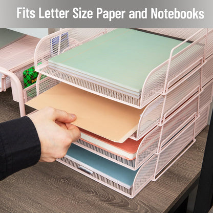 Stackable Paper Tray, Desktop Organizer, File Storage, Office, Metal Mesh, 10.5" L x 13.5" W x 11.25" H, 4 Pcs., Black
