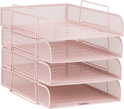 Stackable Paper Tray, Desktop Organizer, File Storage, Office, Metal Mesh, 10.5" L x 13.5" W x 11.25" H, 4 Pcs., Black