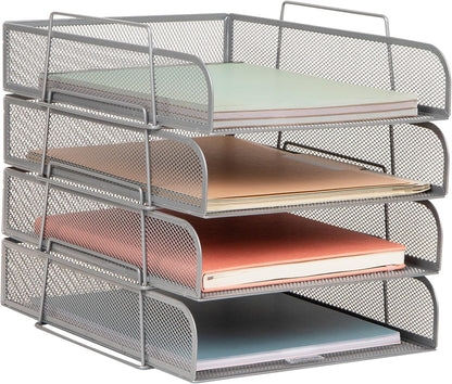 Stackable Paper Tray, Desktop Organizer, File Storage, Office, Metal Mesh, 10.5" L x 13.5" W x 11.25" H, 4 Pcs., Black