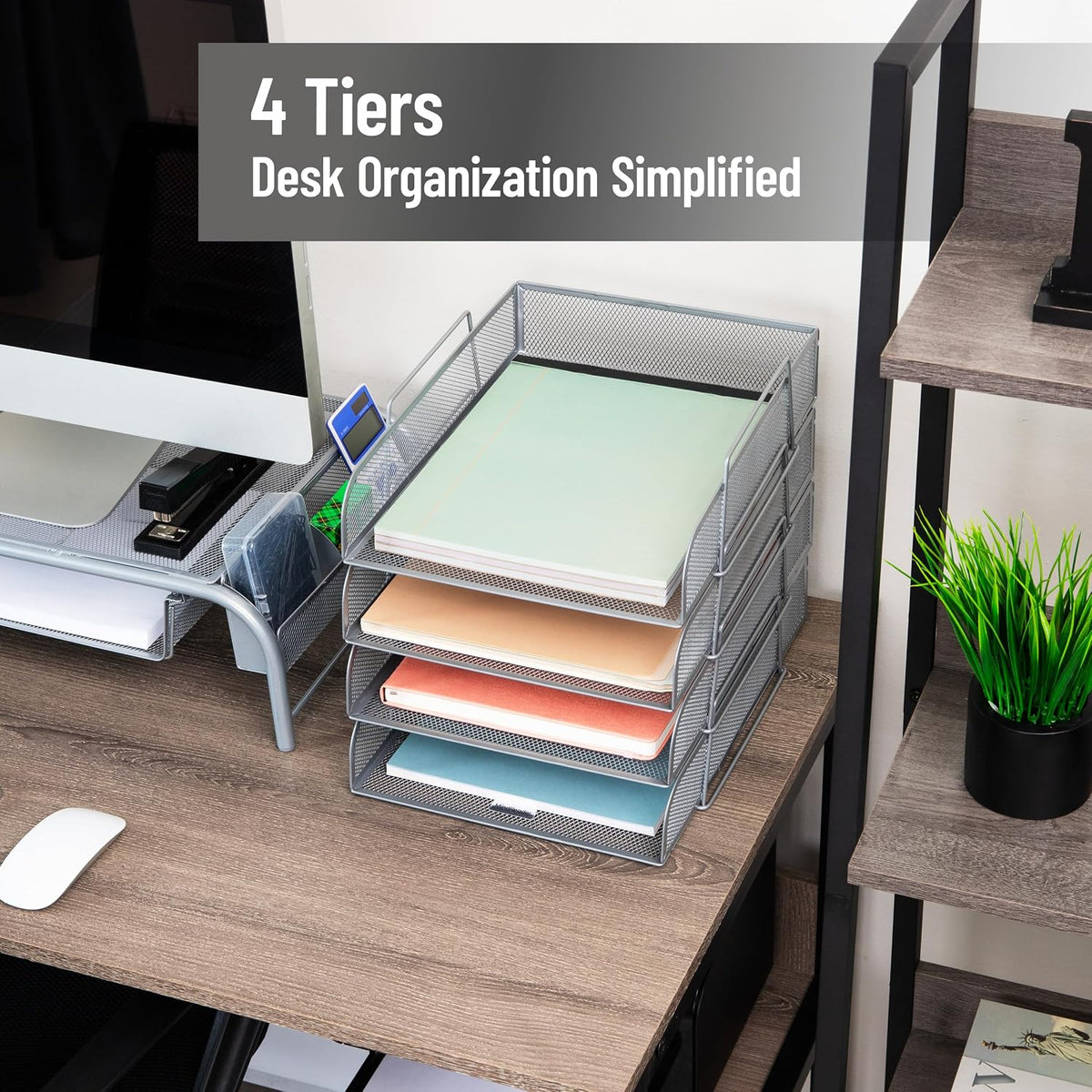 Stackable Paper Tray, Desktop Organizer, File Storage, Office, Metal Mesh, 10.5" L x 13.5" W x 11.25" H, 4 Pcs., Black