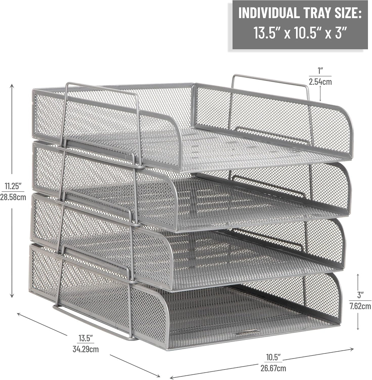 Stackable Paper Tray, Desktop Organizer, File Storage, Office, Metal Mesh, 10.5" L x 13.5" W x 11.25" H, 4 Pcs., Black