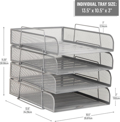 Stackable Paper Tray, Desktop Organizer, File Storage, Office, Metal Mesh, 10.5" L x 13.5" W x 11.25" H, 4 Pcs., Black