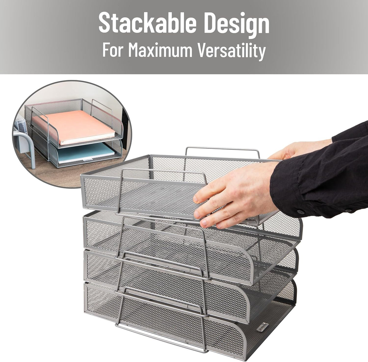 Stackable Paper Tray, Desktop Organizer, File Storage, Office, Metal Mesh, 10.5" L x 13.5" W x 11.25" H, 4 Pcs., Black
