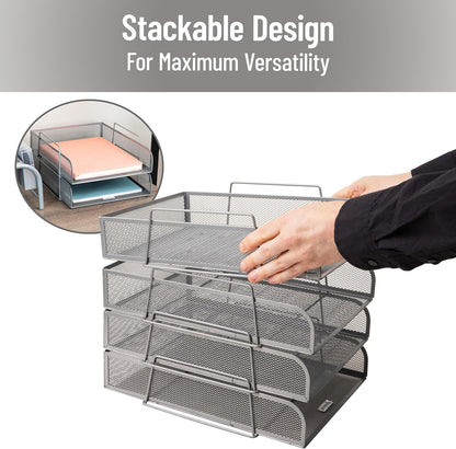 Stackable Paper Tray, Desktop Organizer, File Storage, Office, Metal Mesh, 10.5" L x 13.5" W x 11.25" H, 4 Pcs., Black