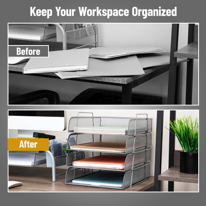 Stackable Paper Tray, Desktop Organizer, File Storage, Office, Metal Mesh, 10.5" L x 13.5" W x 11.25" H, 4 Pcs., Black