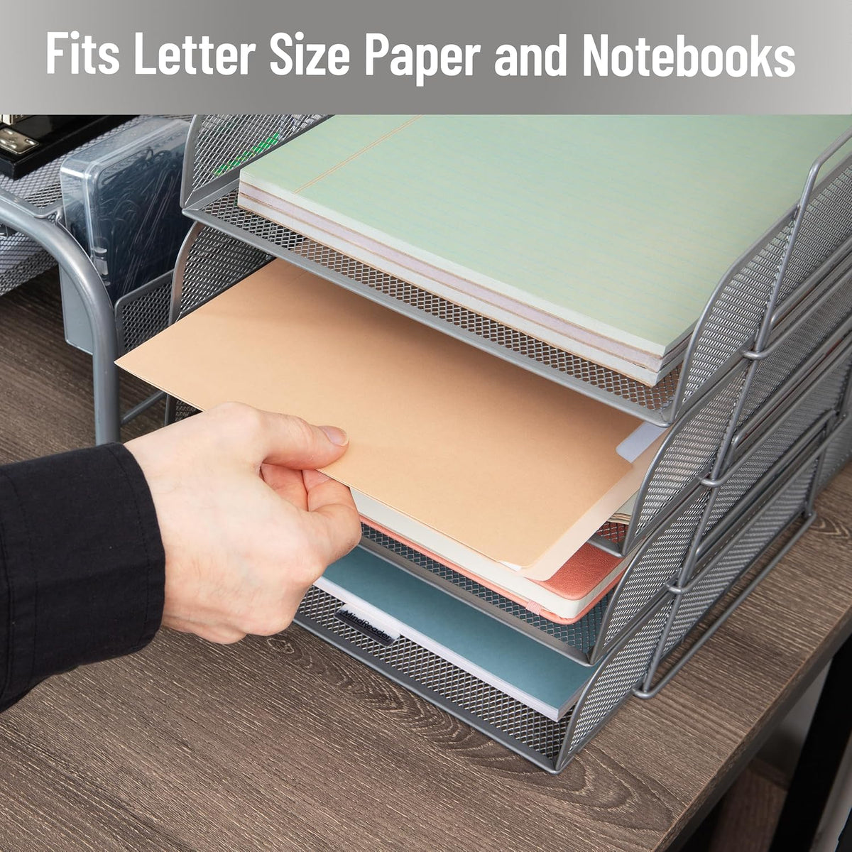 Stackable Paper Tray, Desktop Organizer, File Storage, Office, Metal Mesh, 10.5" L x 13.5" W x 11.25" H, 4 Pcs., Black