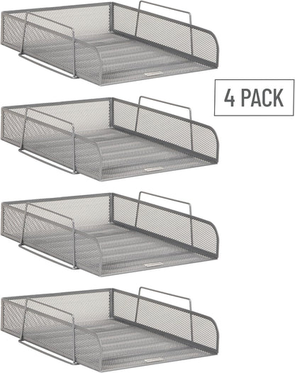 Stackable Paper Tray, Desktop Organizer, File Storage, Office, Metal Mesh, 10.5" L x 13.5" W x 11.25" H, 4 Pcs., Black