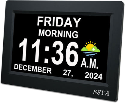 7 Inch Calendar Clock - 12 Alarm Options, Level 5 Auto Dimmable Display,Extra Large Impaired Vision Digital Clock with Non-Abbreviated Day & Month (Black)