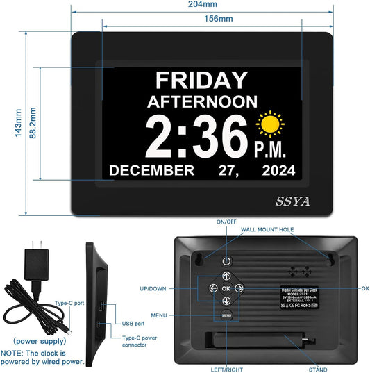 7 Inch Calendar Clock - 12 Alarm Options, Level 5 Auto Dimmable Display,Extra Large Impaired Vision Digital Clock with Non-Abbreviated Day & Month (Black)