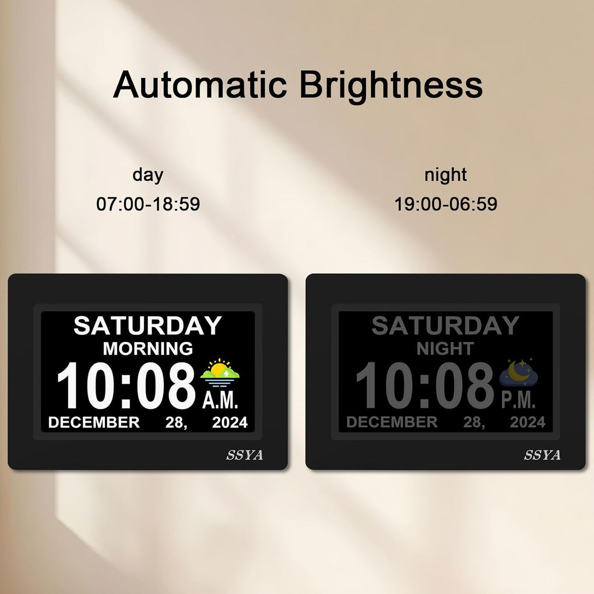 7 Inch Calendar Clock - 12 Alarm Options, Level 5 Auto Dimmable Display,Extra Large Impaired Vision Digital Clock with Non-Abbreviated Day & Month (Black)